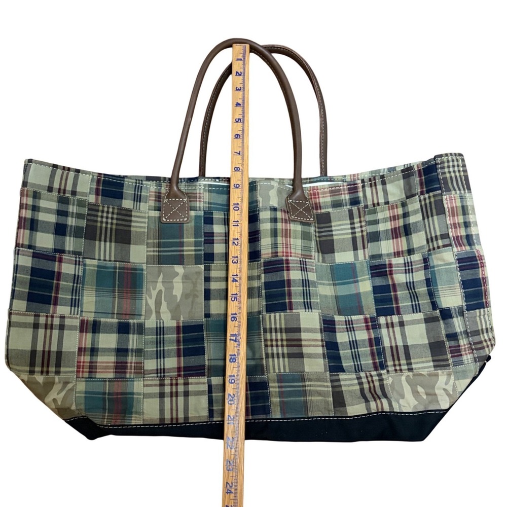 Vintage L.L. Bean Boat Tote Madras Sz Large Leather Handles Patchwork Old Money